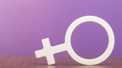 Gender-Symbol einer Frau, liegend vor einem lila Hintergrund:Obwohl Frauen und Männer in Deutschland weitgehend gleichberechtigt sind, wählen viele rollentypische Berufe. Dass Frauen in patriarchalen Ländern viel öfter in "Männerberufe" gehen, ist ein Rätsel. Was hat es mit dem Geschlechter-Paradox auf sich?