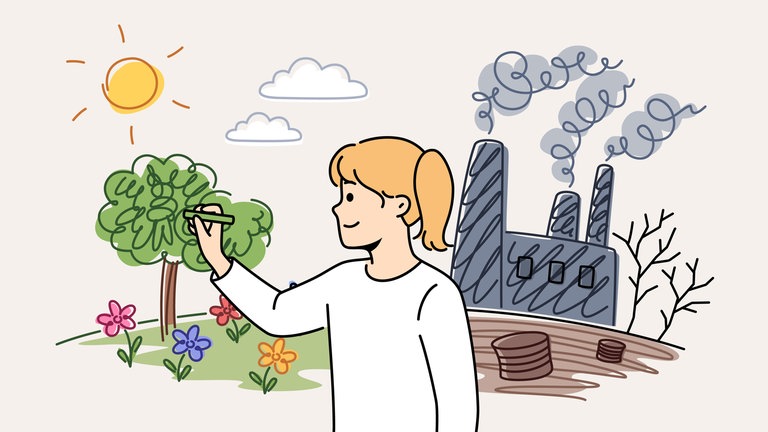 Ein kleines Mädchen zeichnet blühende Natur in der Nähe einer Fabrik, die die Umwelt verschmutzt und zum Klimawandel beiträgt: Ob Klimawandel, KI oder Krisen – die Welt um uns verändert sich rasant. Viele reagieren darauf hilflos oder mit Widerstand. Dabei ist Veränderung notwendig – und möglich, auch wenn sie schwerfällt.
