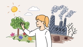 Ein kleines Mädchen zeichnet blühende Natur in der Nähe einer Fabrik, die die Umwelt verschmutzt und zum Klimawandel beiträgt: Ob Klimawandel, KI oder Krisen – die Welt um uns verändert sich rasant. Viele reagieren darauf hilflos oder mit Widerstand. Dabei ist Veränderung notwendig – und möglich, auch wenn sie schwerfällt.
