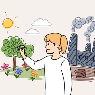 Ein kleines Mädchen zeichnet blühende Natur in der Nähe einer Fabrik, die die Umwelt verschmutzt und zum Klimawandel beiträgt: Ob Klimawandel, KI oder Krisen – die Welt um uns verändert sich rasant. Viele reagieren darauf hilflos oder mit Widerstand. Dabei ist Veränderung notwendig – und möglich, auch wenn sie schwerfällt.