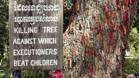 Choeung Ek Killing Fields in Phnom Penh  Kambodscha, ein Ort der politisch motivierten Massenmorde der Roten Khmer, heute eine Gedenkstätte. Die Aufschrift in Kambodschanisch und Englisch: Killing Tree Against Which Executioners Beat Children