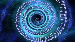 Illustrierte Spirale aus Musiknoten und DNA Strukturen.