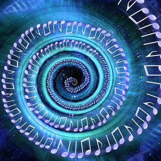 Illustrierte Spirale aus Musiknoten und DNA Strukturen.