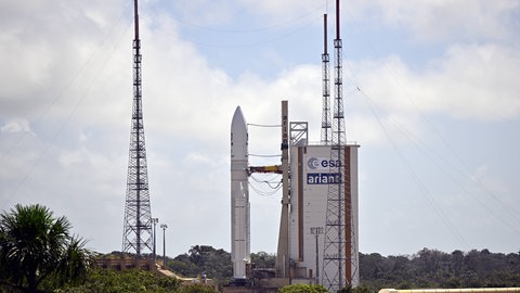 Startplatz der Rakete Ariane 6 im Raumfahrtzentrum Guayana in Kourou, Französisch-Guayana. Von hier aus starten bereits europäische Raketen in den Weltraum.