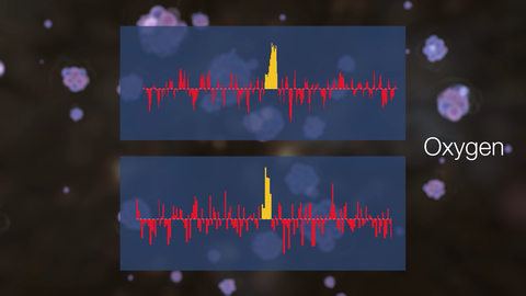 Eine Grafische Darstellung des spezifischen Signals, durch das Sauerstoff in der Galaxie nachgewiesen werden konnte.