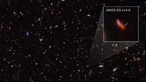 Ein Bild bei dem die Galaxie Jades hervorgehoben ist, in der nun Sauerstoff nachgewiesen wurde.