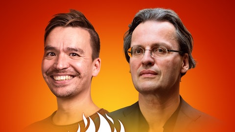 Bernhard Pörksen und Bob Blume auf dem Podcast-Cover von "Die Schule brennt – Mit Bob Blume"