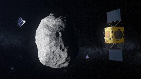 Illustration der Hera-Sonde im Anflug auf den Asteroidenmond Dimorphos.