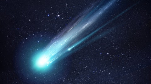 Kometen (hier Illustration) sind wie Asteroiden Überreste der Entstehung des Sonnensystems. Sie bestehen aus Eis, Staub und lockerem Gestein. In den sonnennahen Teilen ihrer Bahn entwickeln Kometen eine durch Ausgasen erzeugte Koma und meist auch einen leuchtenden Schweif (Lichtspur). 