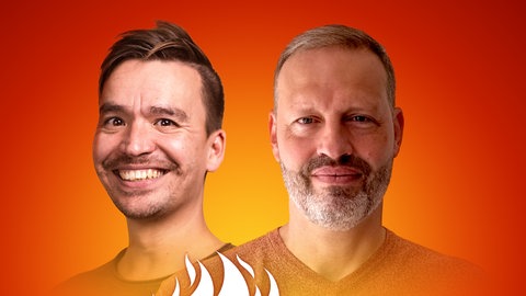 Micha Pallesche und Bob Blume auf dem Podcast-Cover von "Die Schule brennt – Mit Bob Blume"