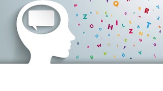 Grafik Kopf eines Menschen und Buchstaben