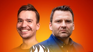 Thomas-Gabriel Rüdiger und Bob Blume auf dem Podcast-Cover von "Die Schule brennt – Mit Bob Blume"