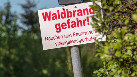 Das Bild zeigt ein Schild, das Waldbrandgefahr ausweist. Rauchen und Feuermachen wird untersagt.