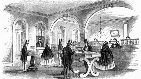 Morse telegraph. 1859 . The public reception room where telegraph messages could be sent and received