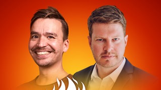 Rüdiger Maas und Bob Blume auf dem Podcast-Cover von "Die Schule brennt – Mit Bob Blume"