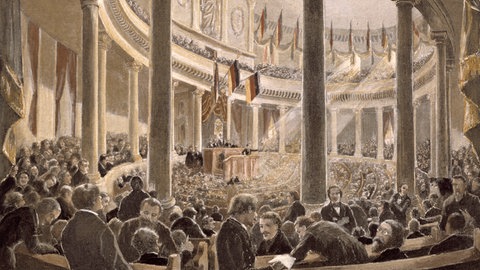 Am 18. Mai 1848 versammelten sich in der Frankfurter Paulskirche die Mitglieder des ersten gesamtdeutschen Parlaments. (Holzstich um 1890, Jean Nicolas Ventadour)