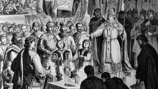 Historisches Dokument der Zeitgeschichte, Die Grundsteinlegung des Koelner Domes, ca 1250, durch Erzbischof von Hochstaden in Gegenwart des Koenigs Wilhelm von Holland