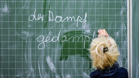 An einer Tafel schreibt eine Frau "der Dampf" und "gedämpft" mit Kreide: Rund sechs Millionen Erwachsene können – trotz Schulabschluss und Job – nur einzelne Sätze lesen oder schreiben. Schon einfache Texte werden zum Problem. 