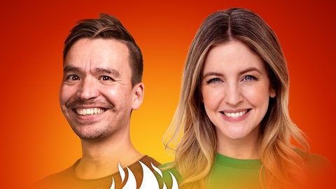 Jennifer Sieglar und Bob Blume auf dem Podcast-Cover von "Die Schule brennt – Mit Bob Blume"