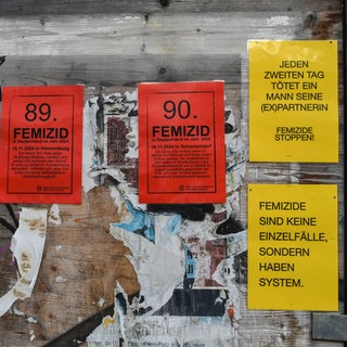 Protest gegen Femizide auf Plakaten an einem Bauzaun in Freiburg: "Jeden zweiten Tag tötet ein Mann seine (Ex)Partnerin". Der Kriminologe Jörg Kinzig hat das Phänomen Femizid 2025 in einer umfangreichen Untersuchung analysiert.