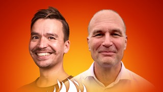 Sven Lembke und Bob Blume auf dem Podcast-Cover von "Die Schule brennt – der Bildungspodcast mit Bob Blume"