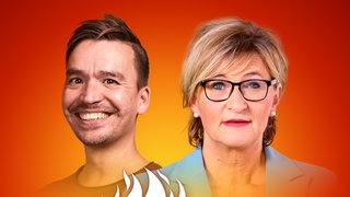 Simone Fleischmann und Bob Blume auf dem Podcast-Cover von "Die Schule brennt – Mit Bob Blume"