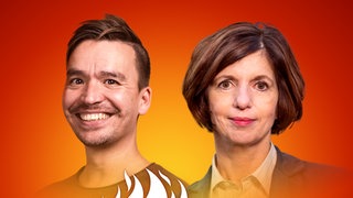 Jutta Allmendinger und Bob Blume auf dem Podcast-Cover von "Die Schule brennt – Mit Bob Blume"