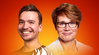 Catrin Boldebuck und Bob Blume auf dem Podcast-Cover von "Die Schule brennt – Mit Bob Blume"