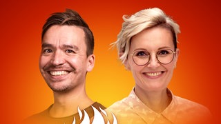 Isabell Probst und Bob Blume auf dem Podcast-Cover von "Die Schule brennt – Mit Bob Blume"