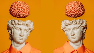 Surreale Illustration: Philosoph im Hemd, darüber Gehirn (Collage)