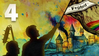 Episodencover "Das war der Bauernkrieg": Ein Mann schwenkt eine Fahne mit der Aufschrift "Frÿheit", im Hintergrund eine rauchende Burg (Grafik)