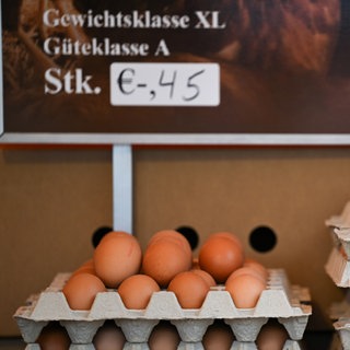 Braune Eier der Güteklasse A sowie der Gewichtsklassen XL und L an einem Marktstand. S, M oder L: Wovon hängt die Größe von Hühnereiern ab?