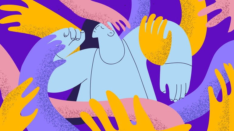 Verschiedene Hände greifen nach einer Person (Illustration): Wer die Bedürfnisse anderer kennt, kann sie manipulieren und subtil beeinflussen, ohne dass sie es merken: im Alltag, bei der Arbeit, in Beziehungen. Das verhindert aber vertrauensvolle Begegnungen auf Augenhöhe. 