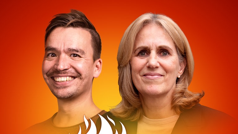 Felicitas Thiel und Bob Blume auf dem Podcast-Cover von "Die Schule brennt – Mit Bob Blume"