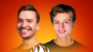 Nuri Falkenberg und Bob Blume auf dem Podcast-Cover von "Die Schule brennt – Mit Bob Blume"