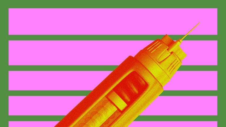Cover der Podcast-Reihe "Die Abnehmspritze": gelb-orange Spritze auf pink-grün gestreiftem Hintergrund