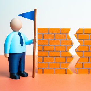 Zwei Rivalen mit je einem blauen und einem roten Fähnchen und ein Riss in einer Mauer symbolisieren Konflikte: Nicht nur Argumente beeinflussen unsere politische Meinungsbildung. Auch Emotionen und Bedürfnisse.