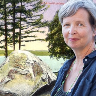 Scharmützelsee  Am Stein (Postkarte 1914), Autorin Jenny Erpenbeck (Collage): In "Heimsuchung" (2007) erzählt Jenny Erpenbeck von einem Haus am brandenburgischen Scharmützelsee. 