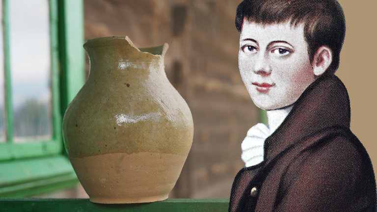 Krug, daneben ein Porträt des Dichters Heinrich von Kleist (Collage): "Der zerbrochne Krug" (1808) ist ein bis heute aktuelles Stück. Kleist diskutiert die Unabhängigkeit der Justiz, den Missbrauch einer jungen Frau und die Angst vor dem Wehrdienst.