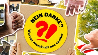 Key Visuaul Podcast "NEIN DANKE? – Warum Atomkraft uns spaltet": Button mit dem Slogan und Daumen, die nach oben oder nach unten zeigen