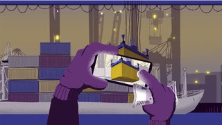 Hände halten ein Smartphone und fotografieren einen Container im Containerhafen; in der Hand ein Geldbündel (Illustration): Ob bewusst oder nicht: Viele stützen das System der organisierten Kriminalität, zum Beispiel Konsumenen von Drogen