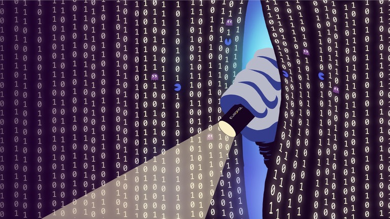 Hand leuchtet mit Taschenlampe durch einen Fadenvorhang; die Fäden bestehen aus 0 und 1 (Illustration; Symbolbild für digitale Recherche): Da sich die Verbrecher in internationalen Gruppen vernetzen, muss die EU zusammenarbeiten, auch online und mit KI.