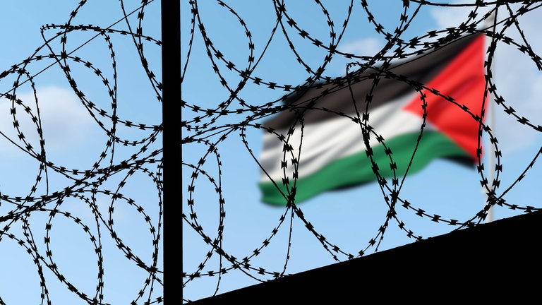 Flagge Palästinas an einem Grenzübergang hinter Stracheldraht: Seit über 100 Jahren kämpfen die Palästinenser um einen eigenen Staat. Doch die Probleme sind vielfältig.