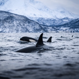Orcas (Orcinus orca) tauchen an der Küste vor Norwegen auf: Grindwale und Schwertwale (Orcas) leben in engen sozialen Strukturen und verständigen sich über Laute, die unserer Sprache ähnlich sein können. Ihre Population ist zunehmend bedroht. 