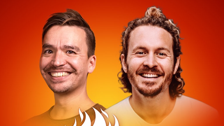 Leander Greitemann und Bob Blume auf dem Podcast-Cover von "Die Schule brennt – Mit Bob Blume"