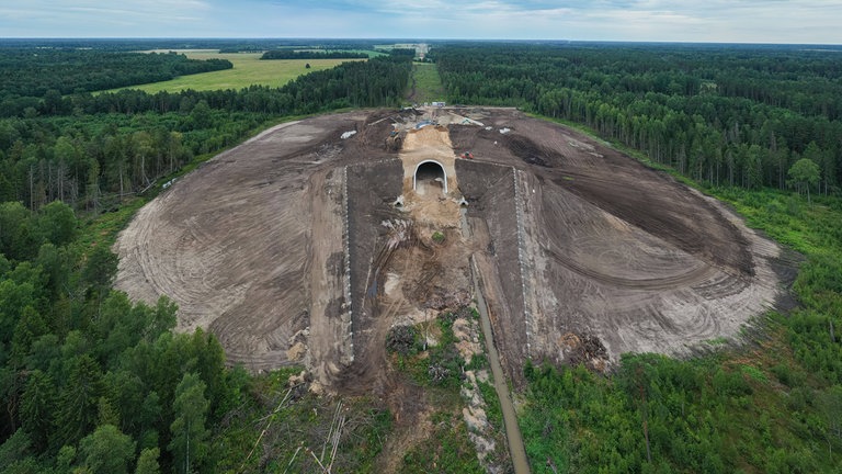 Ökodukt bei Urge  Estland im Juli 2024: Rail Baltica ist so geplant, dass auch schweres militärisches Gerät wie Panzer aufgenommen werden können, die auf der Straße nur schwer zu transportieren sind