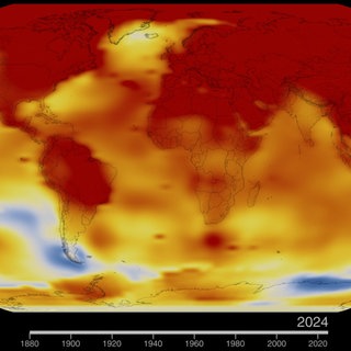 Die Karte der Erde aus dem Jahr 2024 zeigt globale Anomalien der Oberflächentemperatur – also, wie viel wärmer oder kühler jede Region des Planeten im Vergleich zum Durchschnitt der Jahre 1951 bis 1980 war. 