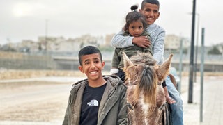 Ein Junge führt ein Maultier, auf dem ein weiterer Junge und ein kleines Mädchen sitzen: Die Beduinen in der Negev-Wüste gehören zu den am stärksten marginalisierten Gruppen in Israel. Junge Menschen wachsen ohne Perspektive auf.