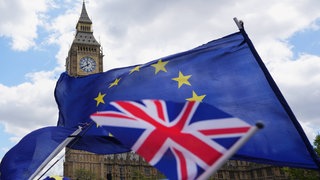 Pro-EU-Aktivisten schwenken im Mai 2026 Fahnen in der Nähe des Parlaments in London: Vor zehn Jahren stimmten die Briten für den Brexit; mit weitreichenden Folgen. Nun sieht es nach einer Annährung aus.