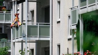 Symbol-Foto: Deutschland-Fahnen hängen an Häusern. Die Fußball Weltmeisterschaft ging los, bisher gibt es allerdings wenig öffentliches Interesse